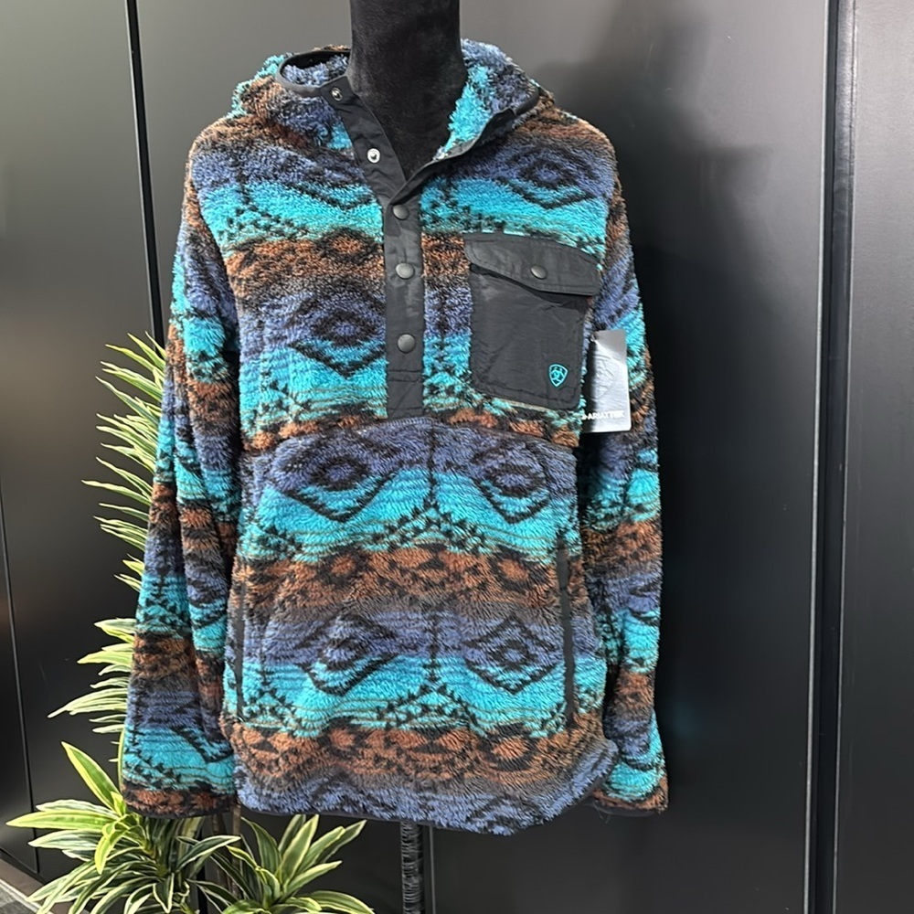 Ariat TEK Pullover Hoodie,Teddy Bear Fleece,Serape pattern,pockets,snap front